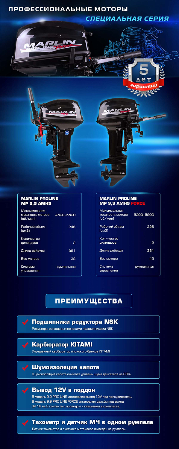 Лодочный мотор MARLIN PROLINE MP 9.9 (20) AMHS FORCE в Калининграде
